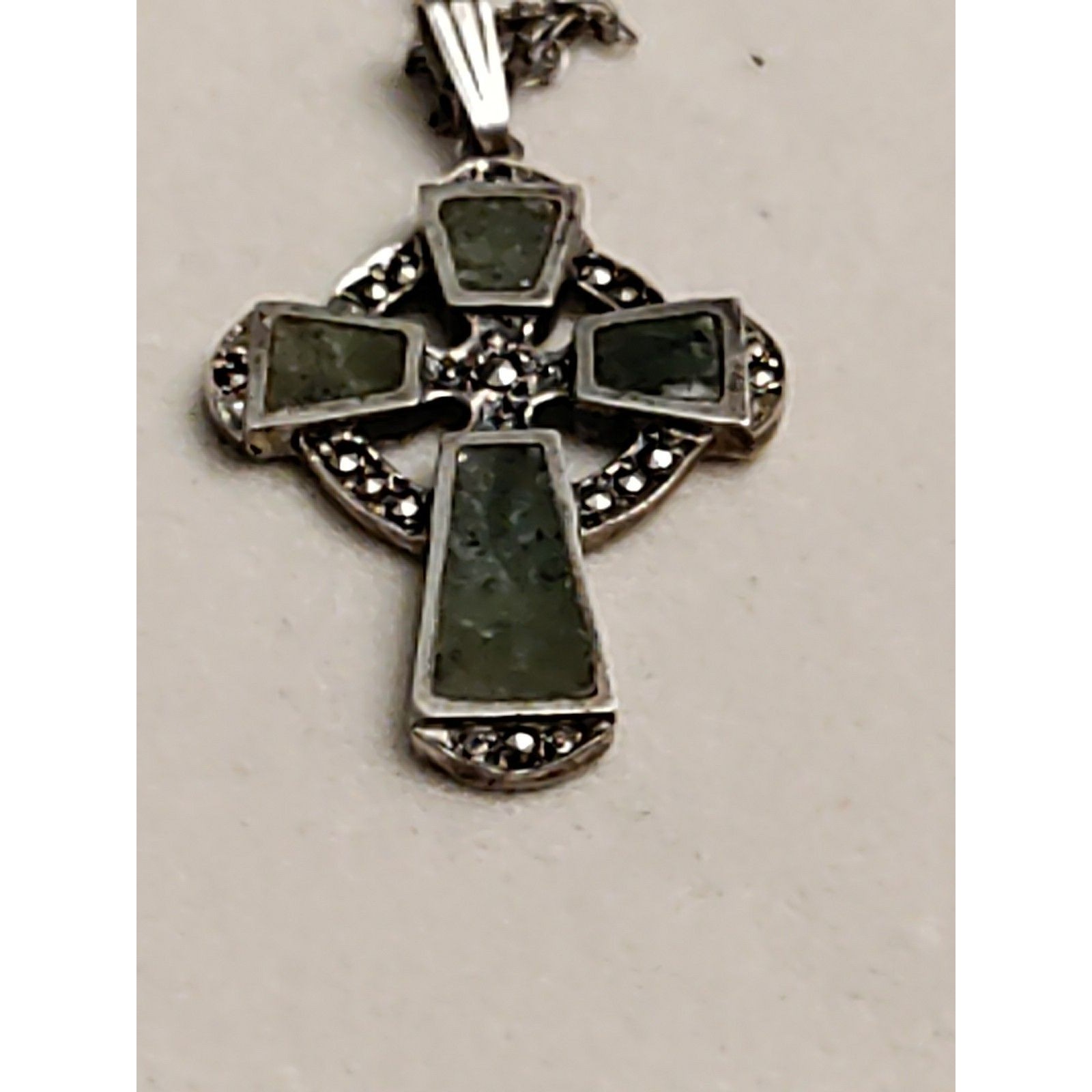 Jade & Diamond Celtic Cross Set In Sterling Silver On 18 " Oval Link Chain ...